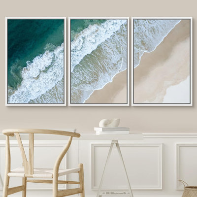 «Coastal Beach» IDÉE4WALL, reproduction d'art sur toile encadrée, vue aérienne, vague océanique, plage tropicale, nature, photographie, réalisme, décorative, rustique, chic pour le salon, la chambre à coucher, le bureau, reproduction sur toile, 3