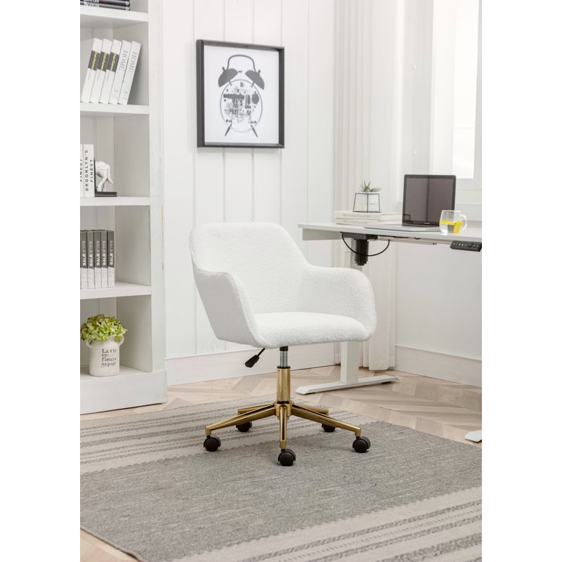 Chaise de bureau rotative à hauteur ajustable 360 ° avec pieds en métal doré et roue universelle pour l'intérieur, Blanc