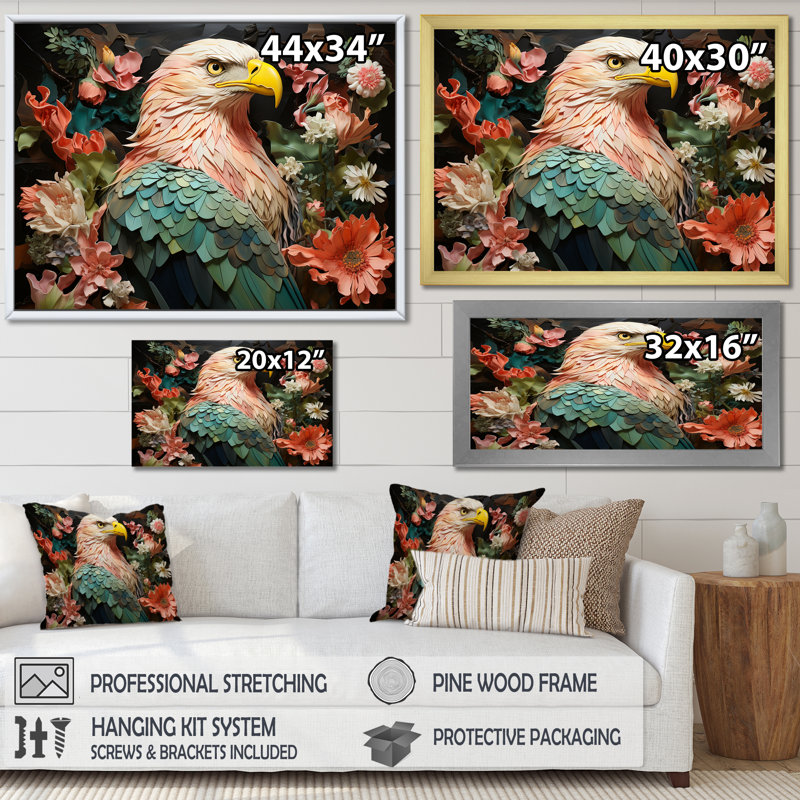«Pink Vibrant Floral Eagle Portrait», art mural aigle, Cadre de coin argenté fermé, H 30 po x l 40 po x P 1,5 po