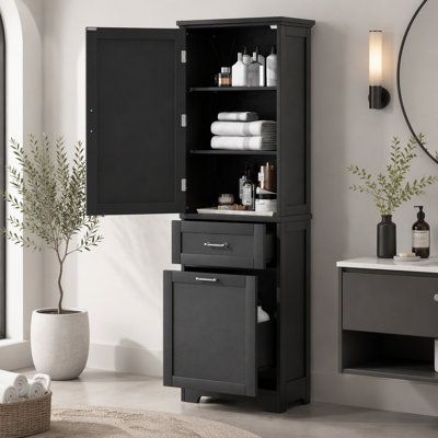 Grande armoire de rangement autoportante pour salle de bain avec tablettes réglables et 2 tiroirs de taille différente