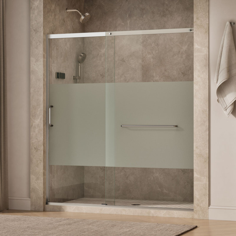 Sliding Shower Door, 75-1/2-In H X 68-1/4 - 71-5/8-In W, With Heavy 5/16-In Thick Crystal Clear Glass With Privacy Band