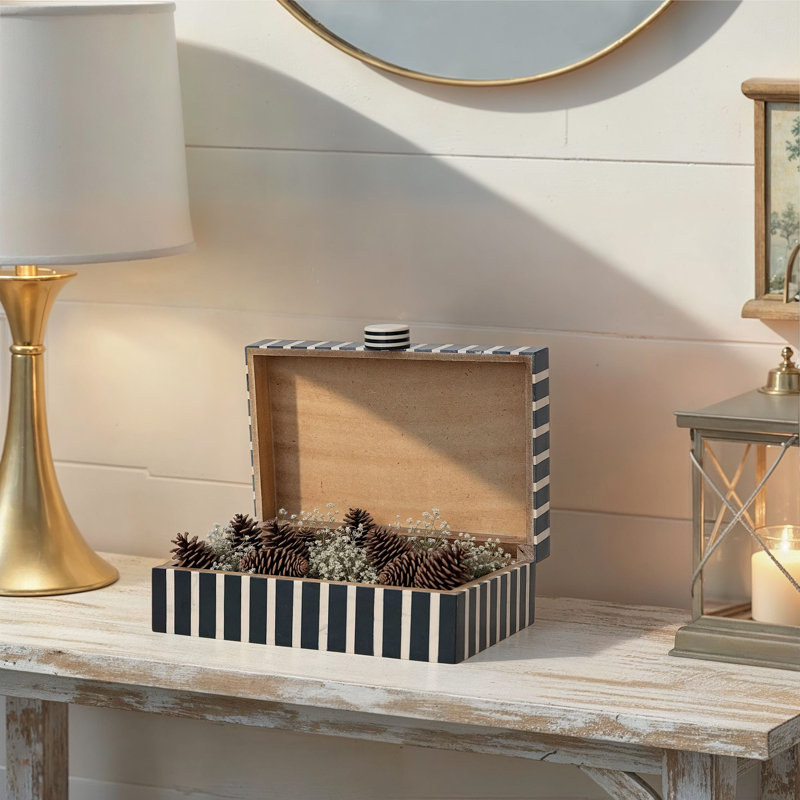 Boîte de rangement rayée en bois de manguier et résine fabriquée à la main avec bouton