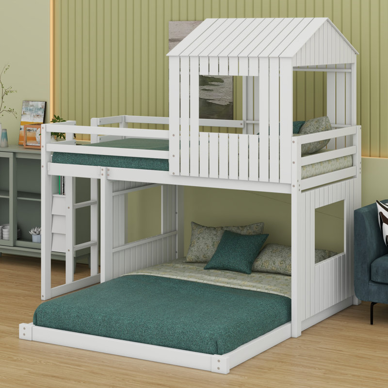 Wooden Bunk Bed, Loft Bed With Playhouse, Farmhouse, Ladder And Guardrails, White