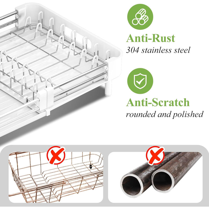 Expandable Stainless Steel Dish Drying Rack with Utensil Holder, White