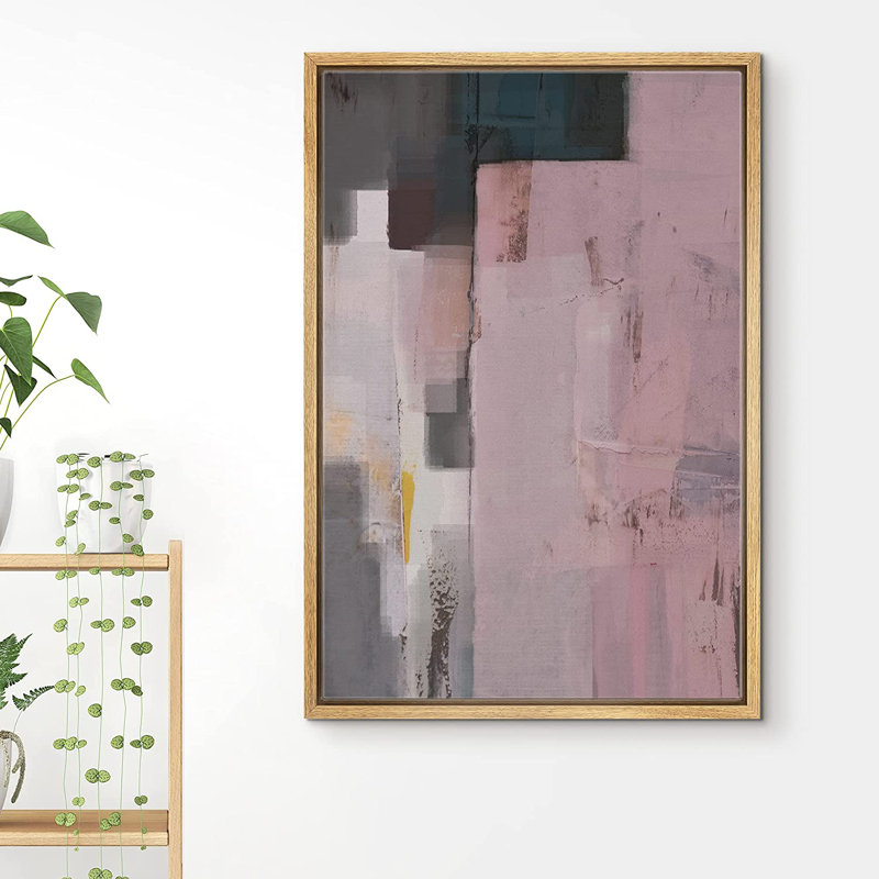 Motif géométrique Mid-Century rose, gris et foncé - imprimé cadre flottant, H 24 po x l 16 po x P 1,5 po, Encadré naturel