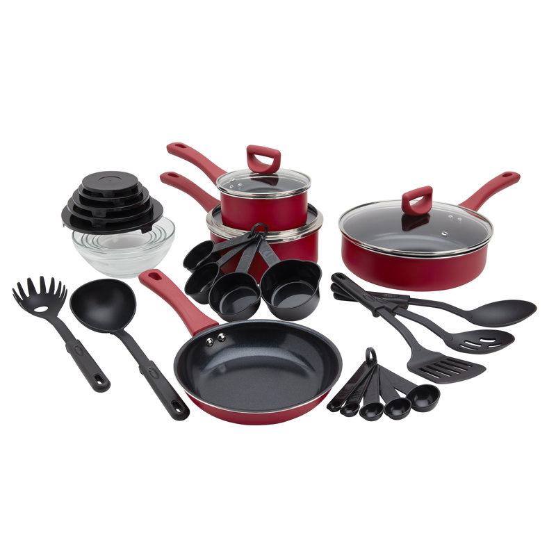 Basic Essentials 31-Piece Nonstick Aluminum Cookware Set with Lids and Cooking Utensils, Red, Red