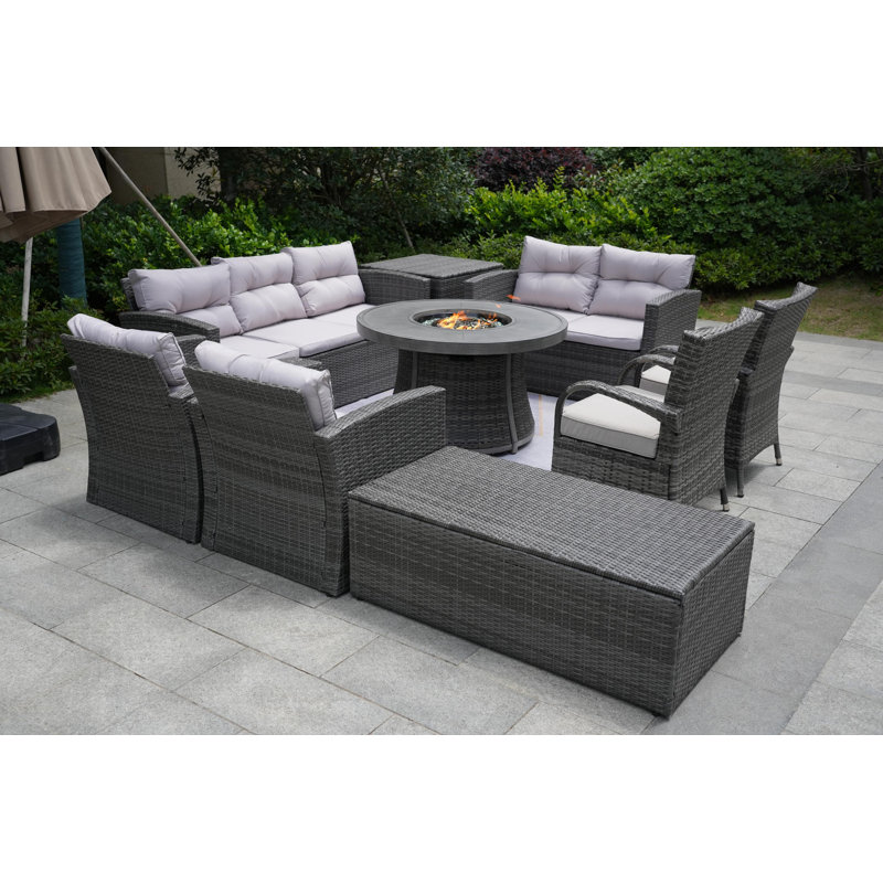 Ensemble de conversation en osier / rotin pour 9 personnes avec coussins Areefa, Gris