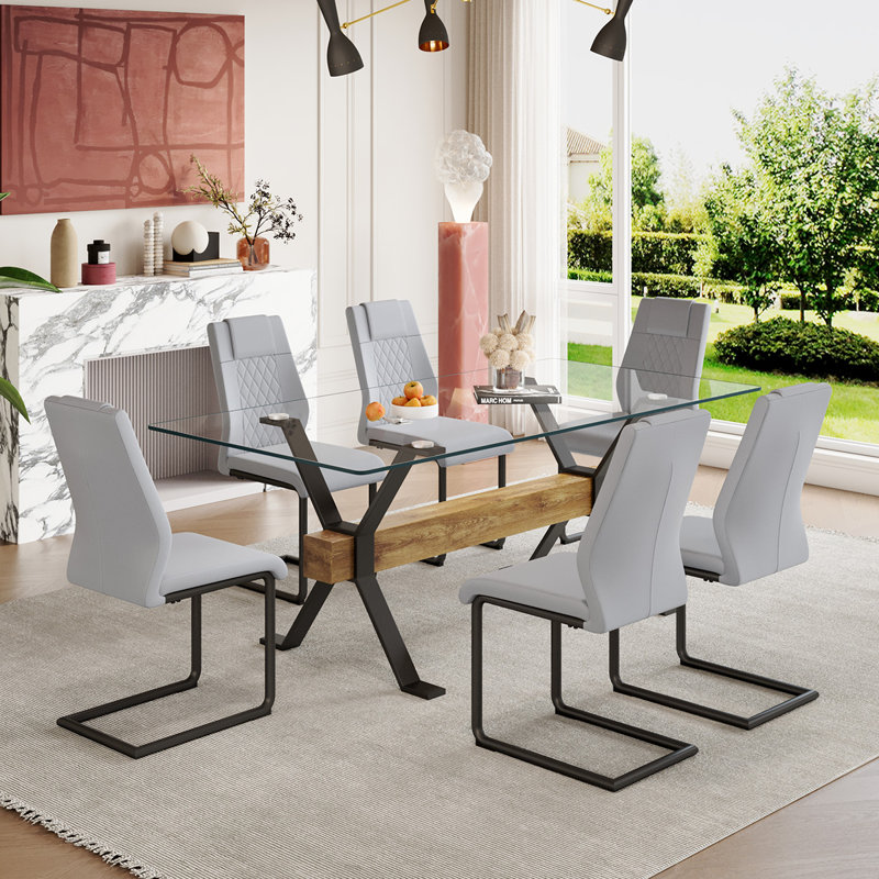 7-Piece Glass Top Dining Table Sets, Black/Light Gray, 122 cm H x 81 cm W