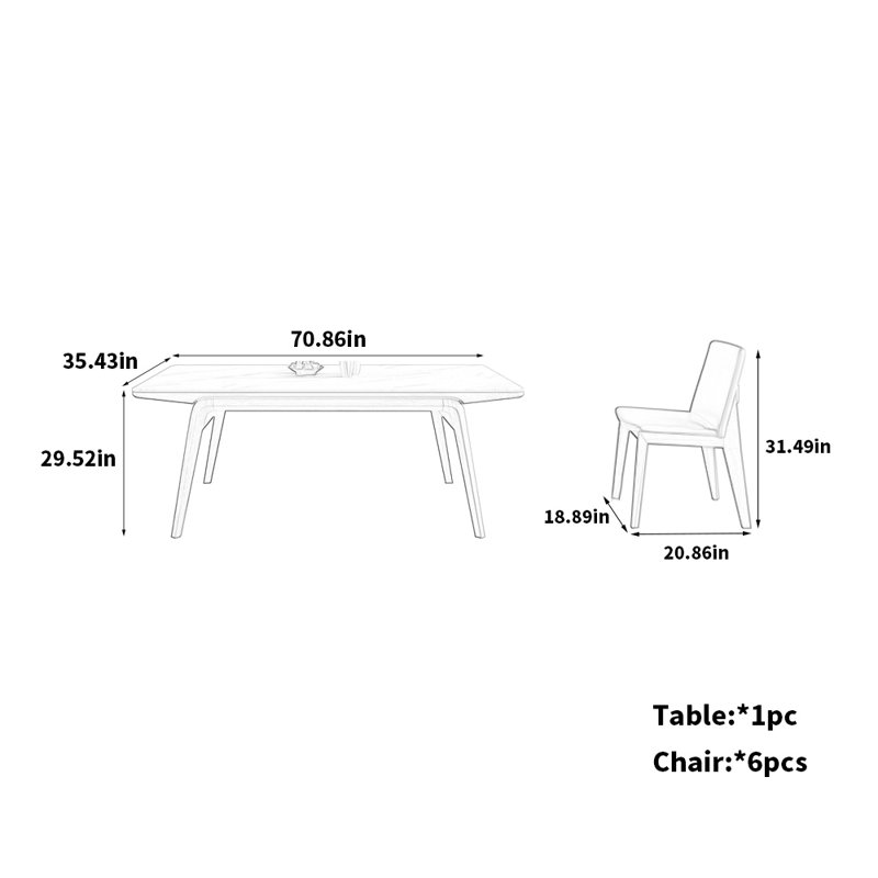 Ensemble table et chaises en frêne, H 29,52 po x L 70,86 po x l 35,43 po, Table, 6 Chairs
