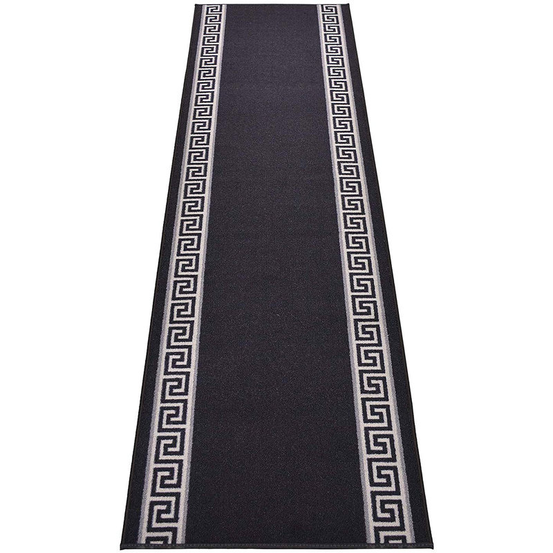 Custom Size Runner Rug Greek Key Border Black Low Pile Slip Resistant Runner Rugs by Feet, Runner 2'8" x 6'