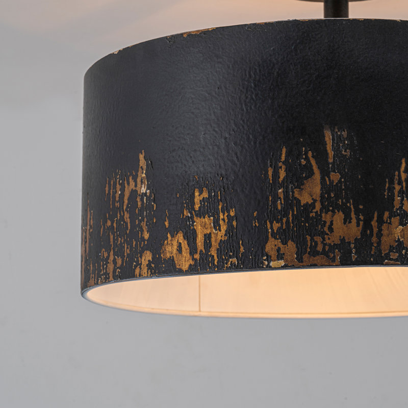 3-Light Industrial Drum Hand-Painted Distressed Semi-Flush Mount,  Black/Gold