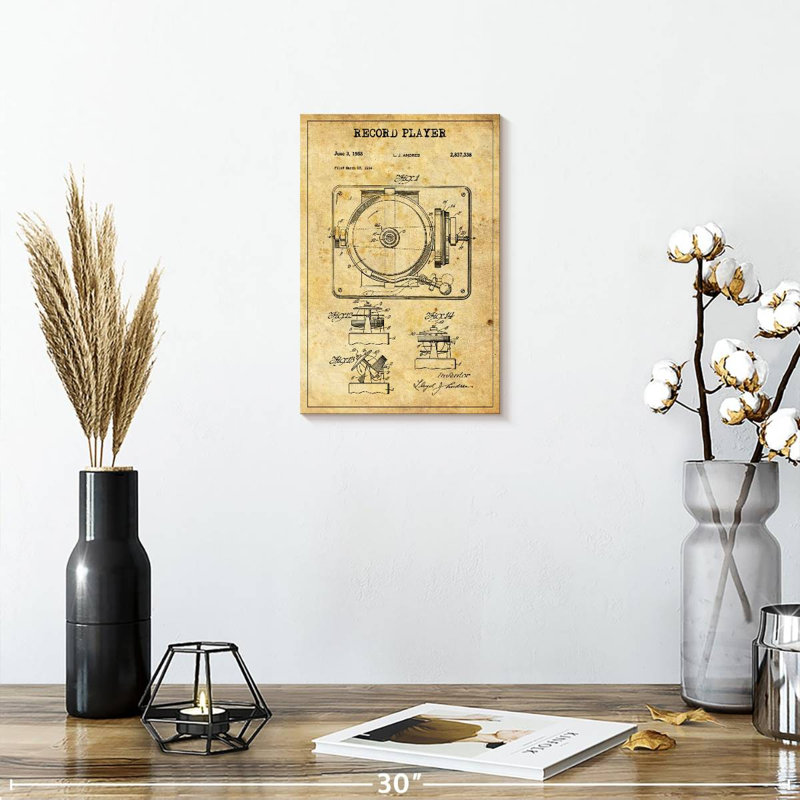 Disque tourne-disque brevet sur toile, H 12 po x l 8 po x P 1 po