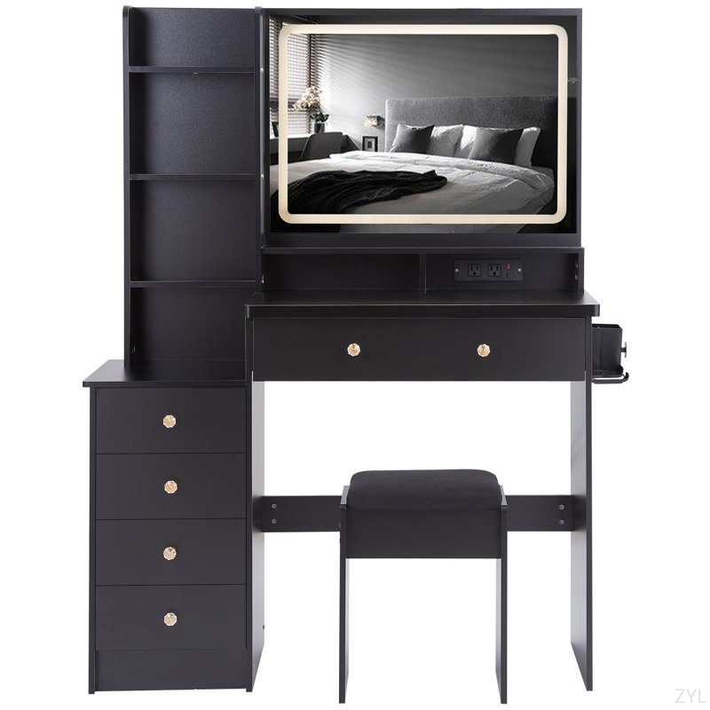 Ensemble de meuble-lavabo de 41 po avec commode gauche de grande taille + ensemble de commode avec tabouret rembourré, 2 centrales AC + 2 USB, support pour séchoir à cheveux, très grand miroir à DEL tactile, interrupteur 3 couleurs, EPA, GCC, certificat UL