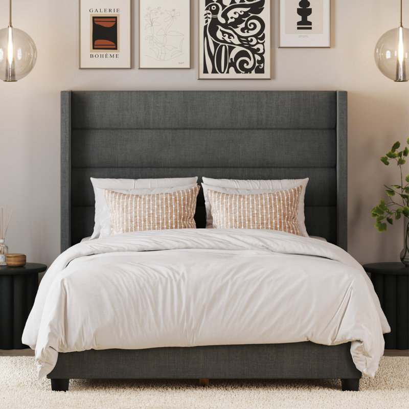 Norine Tufted Wingback Upholstered Bed Frame, Charcoal, Queen