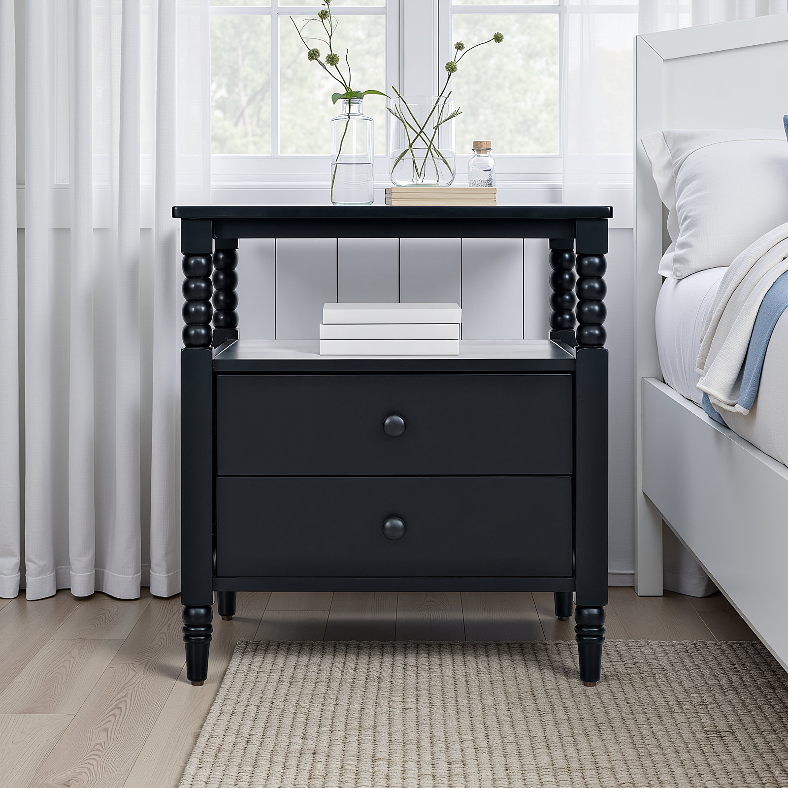 Benbrook Spindle Two Drawer Nightstand, Black