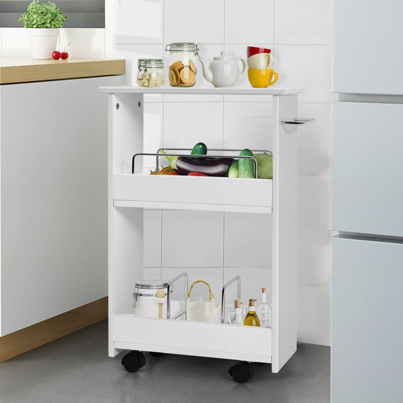 White Slim Rolling MDF Storage Cabinet with 3 Shelves