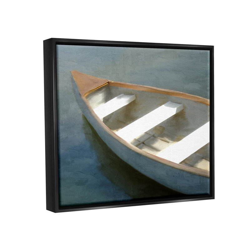 «Lone Canoe Boat» par Kim Allen - peinture sur toile, H 17 po x l 21 po x P 1,7 po, Cadre flottant noir de jais