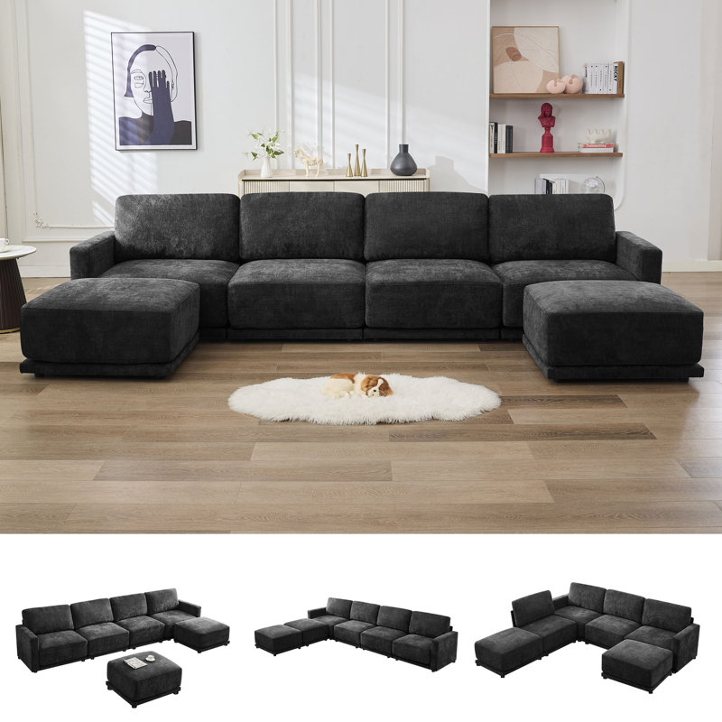 4 - Piece Upholstered Sectional, Black Chenille