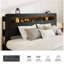 Structure de lit double, structure de lit plateforme en bois avec tête de lit à DEL avec rangement et 2 ports USB, sans bruit, aucun sommier nécessaire et outil d'assemblage facile, grand rangement sous le lit, noir foncé-1906745487-1906745486