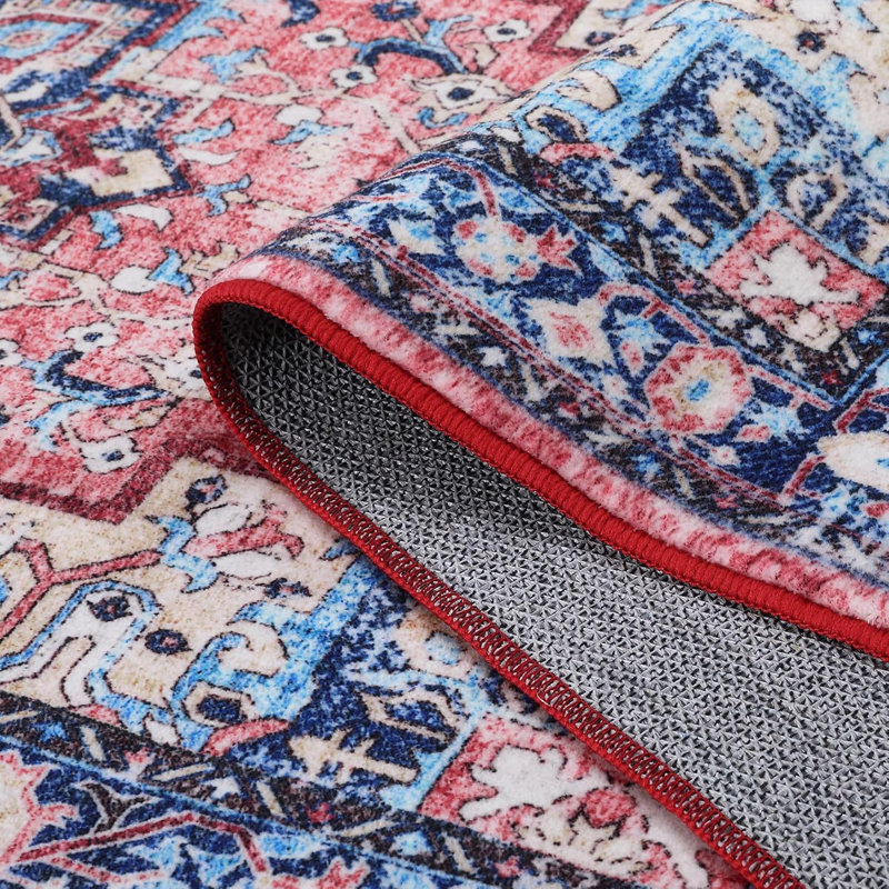 Boho Vintage Medallion Rug – Washable Floral Print, Low-Pile, Non-Slip Soft Carpet for Dining Room, Office, Bedroom