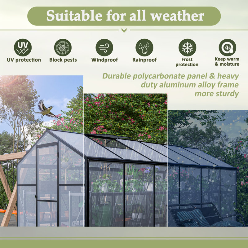 Polycarbonate Greenhouse With Rain Gutter And Roof Vent, Aluminum Walk-In Green Houses For Outside For Patio Backyard Garden