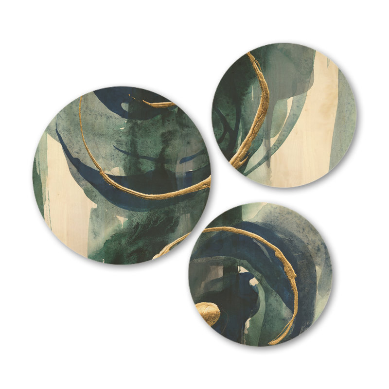 «Mettalic Indigo And Gold II», ensemble d'art mural en bois chic et luxueux à 3 cercles