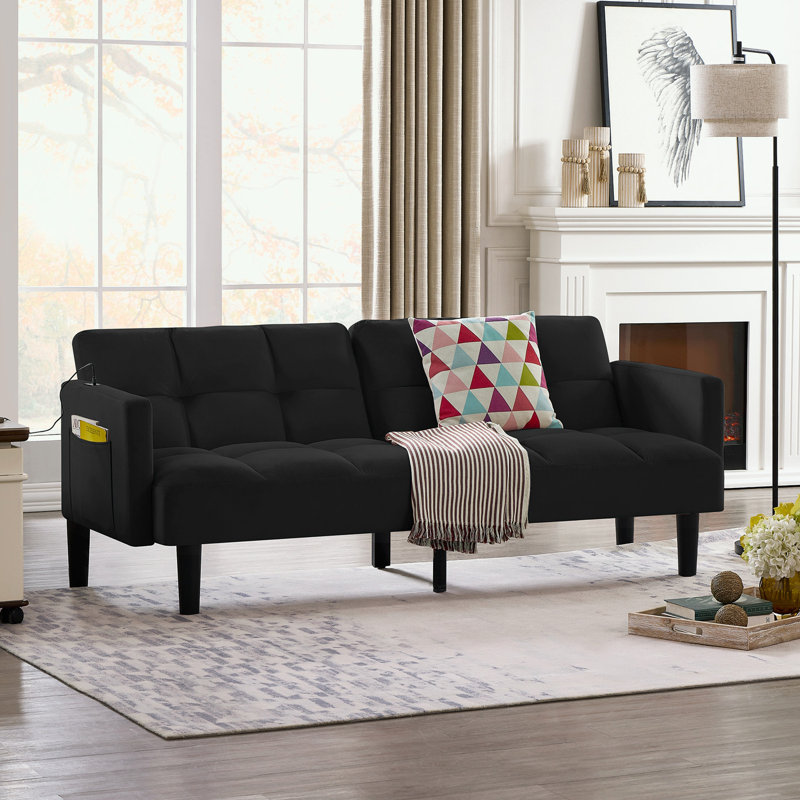 Velvet Convertible Folding Sofa Bed with side pocket, Black