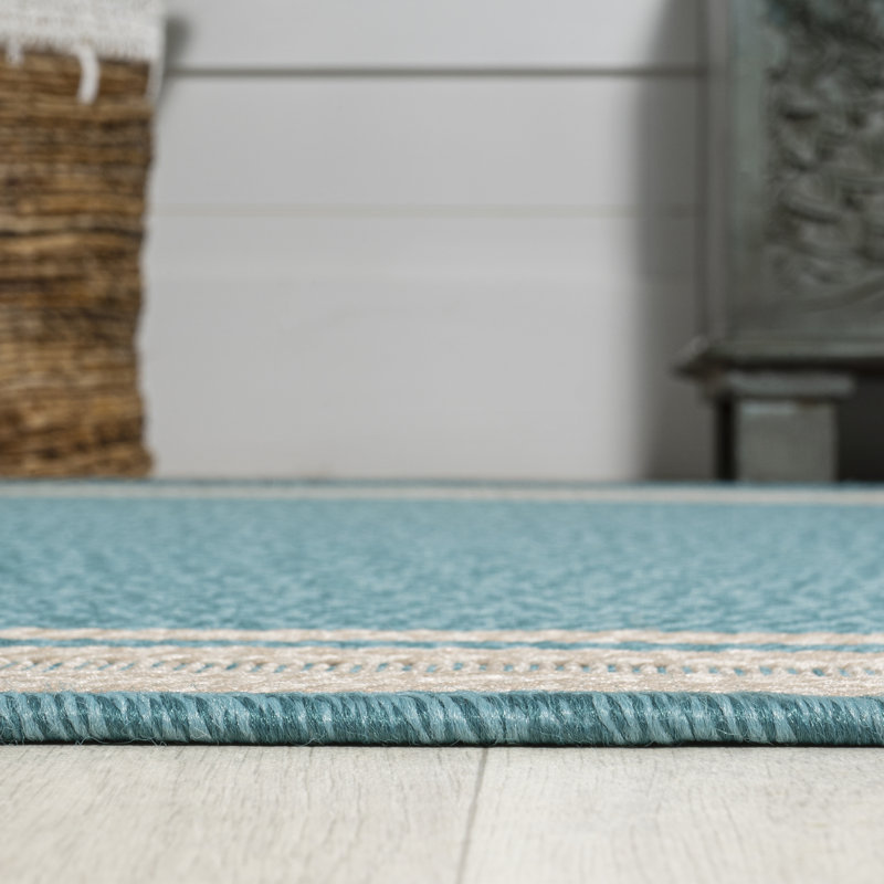 Hasad Modern Border Stripe Aqua/Beige Indoor/Outdoor Rug, Rectangle 3' x 5'