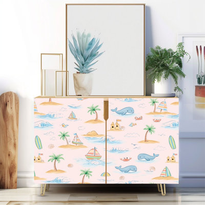 Buffet étroit de 35,4 po de largeur - armoire de rangement décorative à 2 portes avec palmier de plage et grandes vagues dessinées à la main avec pieds en métal