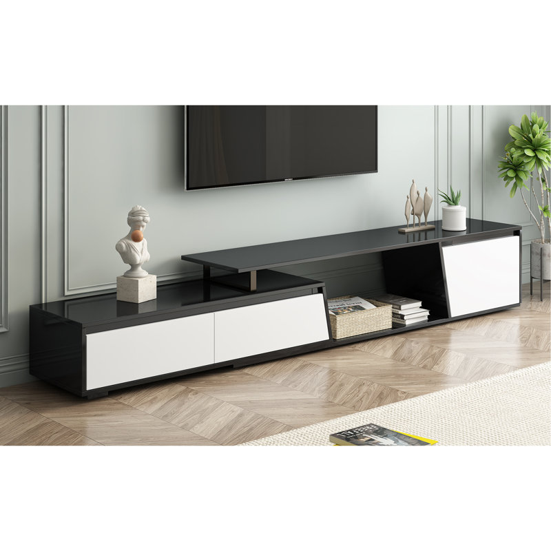 Minimalist Rectangle Extendable TV Stand with 2 Drawers and 1 Cabinet for Modern Living Room Storage, Black/White
