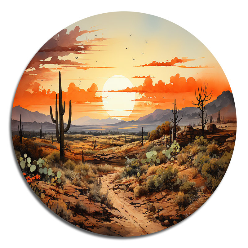 Silhouette de cactus orange, lever de soleil - art floral rond en métal, H 36 po x l 36 po