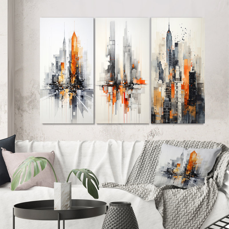 " Orange Gray Minimalism Urban Rhythm " 3 - Pieces, 28" H x 36" W, Wrapped Canvas