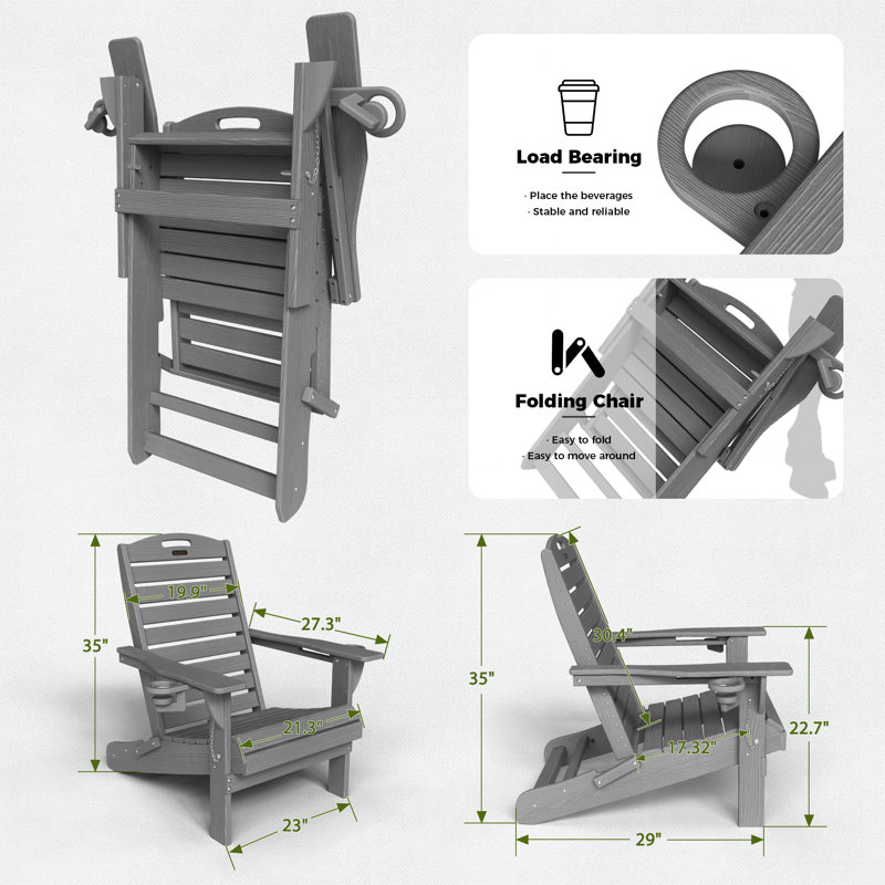 Outdoor Fire Pit Chairs Weather-Resistant HDPE Foldable Outdoor Adirondack Chair With Cup Holder, Gray