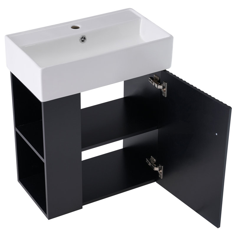 Meuble-lavabo flottant avec lavabo en céramique, Noir, noir, noir, noir