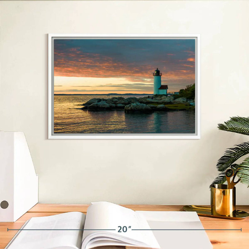 Coucher de soleil sur le phare d'Annisquam, Cadre flottant blanc, 13 po x 9 po