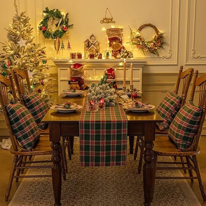 Chemin de table à carreaux tartan de Noël, vert, 33 x 91 cm, 36" L