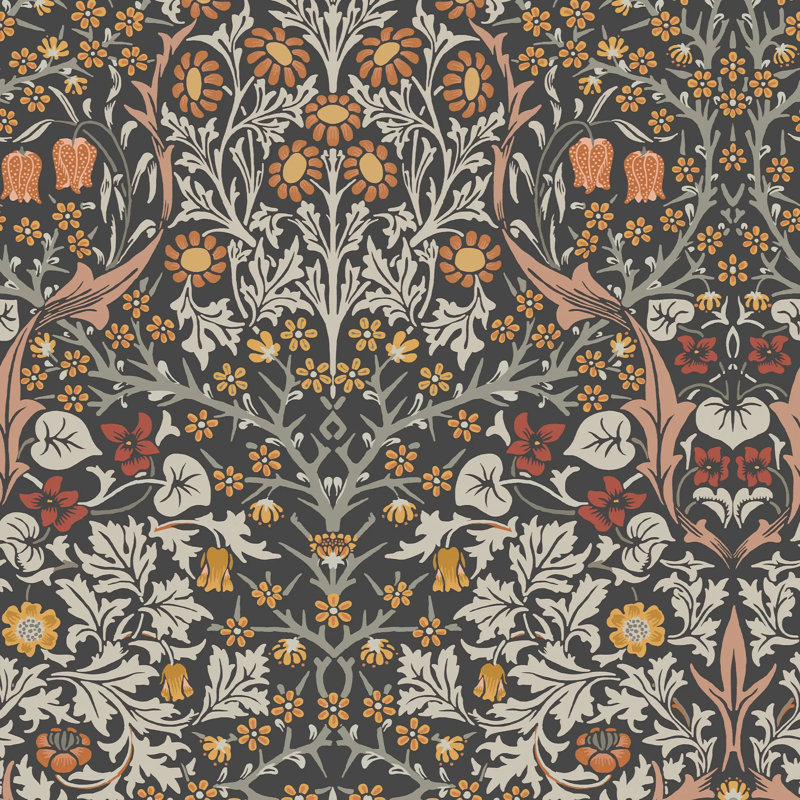 William Morris At Home Blackthorn Floral Wallpaper, Black/Orange