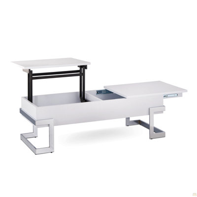 Table basse blanche brillante et chromée avec plateau relevable