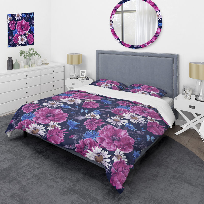 Purple And Blue Wildflowers Polyester Floral Duvet Cover, King Duvet Cover + 2 King Shams