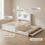 Lit plateforme double avec lit gigogne et tiroirs, chargement USB, tablettes de rangement intégrées pour la tête de lit, finition blanche, bois de pin-1384199790