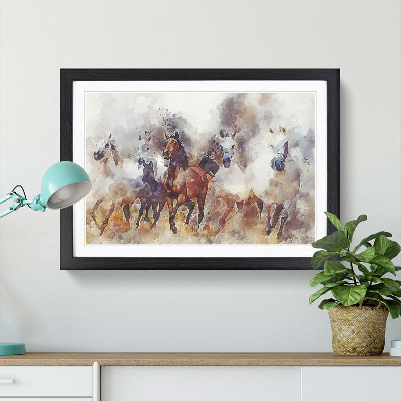 Galloping Horses in Abstract - Picture Frame Painting Print on MDF, 48cm H x 65cm W x 2cm D, Black Framed