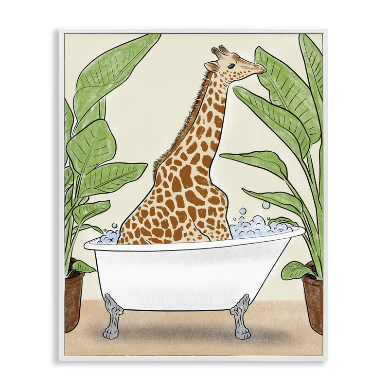 Bathing Giraffe & Plants Framed Giclee, design by Marcus Prime, 14" H x 11" W, Coastal White Framed Giclee