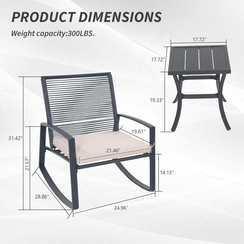 2-Person Outdoor Patio Bistro Metal Rocking Conversation Set With Table, Beige