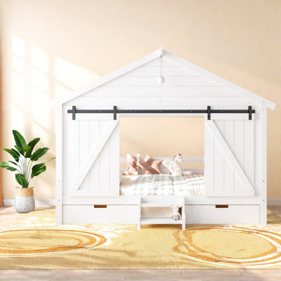 Lits de style champêtre avec rangement, cadre en bois massif, porte de grange pour chambre d'enfant