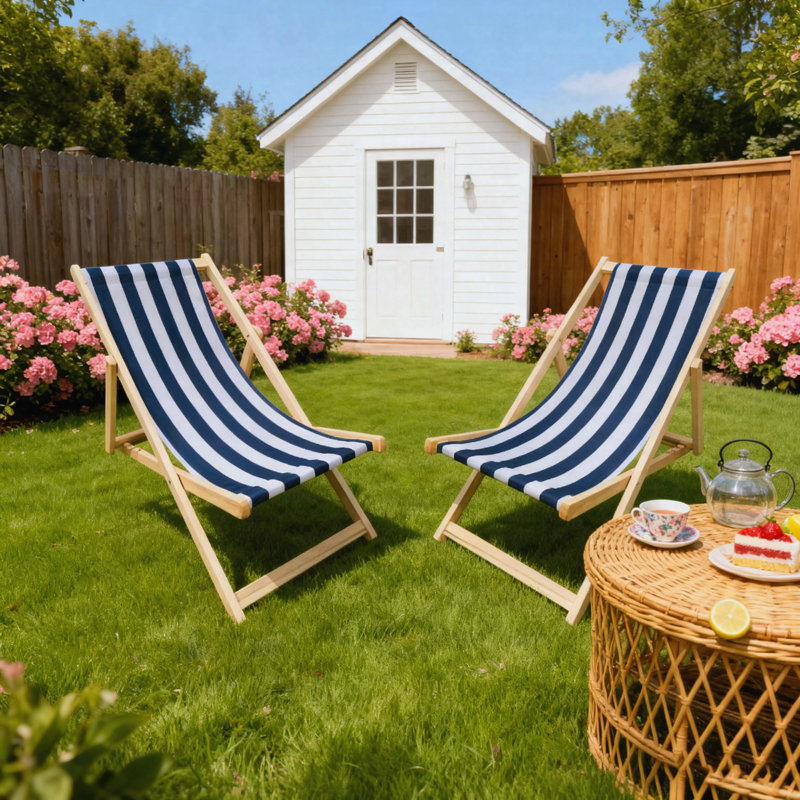 Folding Chaise Lounge Chair Populus Wood Sling Blue Stripe 2PCS Outdoor