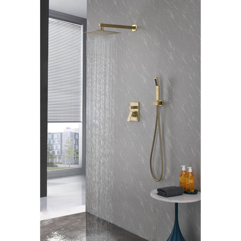 Bathroom Shower In Brushed Gold With 10 Inches Rain Head And Handheld , Wall Mounted High Dual Valve Trim For