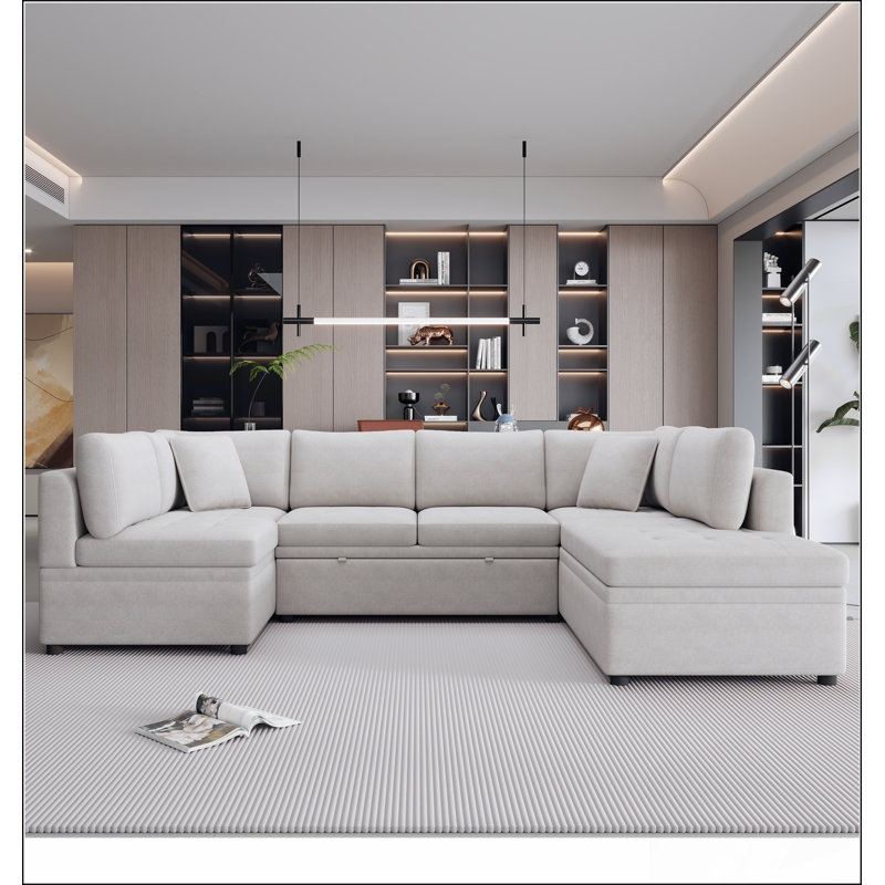 Canapé-lit modulaire surdimensionné en U de 117,3 po avec deux coussins décoratifs, Beige