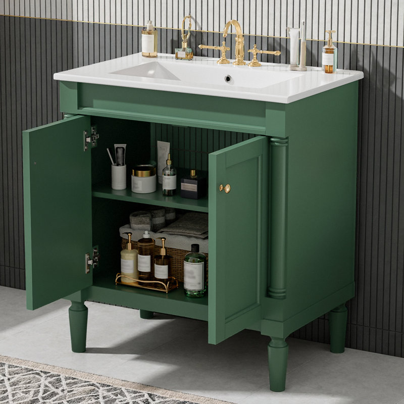 Meuble-lavabo de 30 po d'inspiration française | Portes à fermeture en douceur, pieds en bois massif, détails sculptés et boutons, lavabo en céramique avec robinet de 4 po