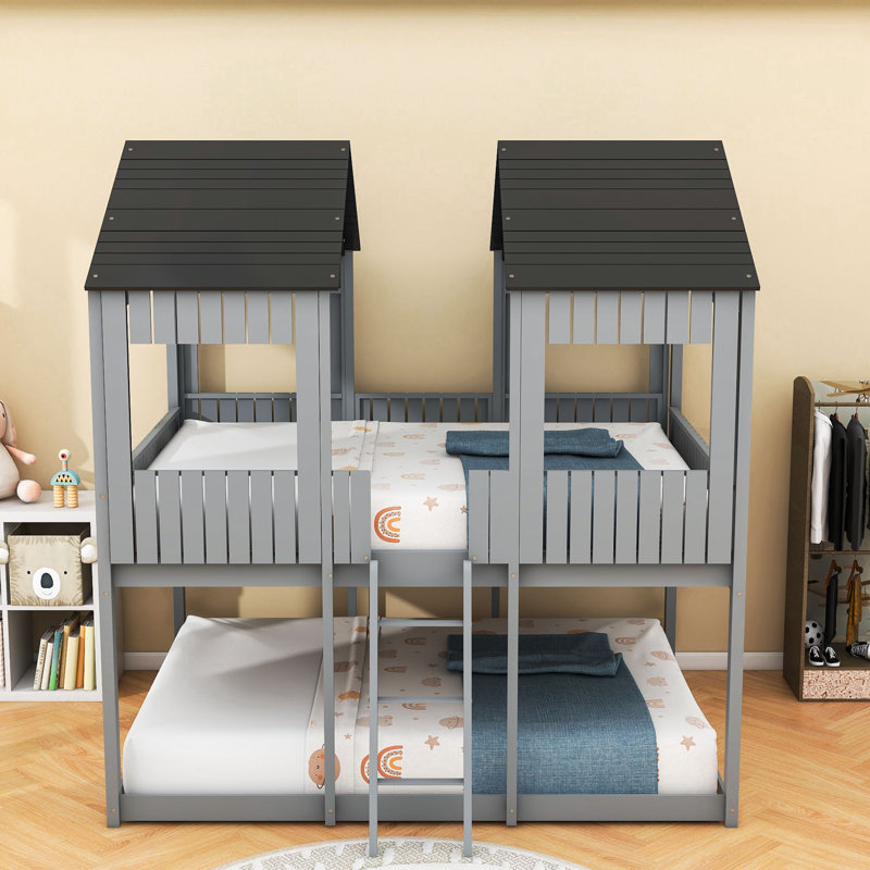 Lit superposé double en bois avec toit et échelle Pittsburg Kids, Gris antique