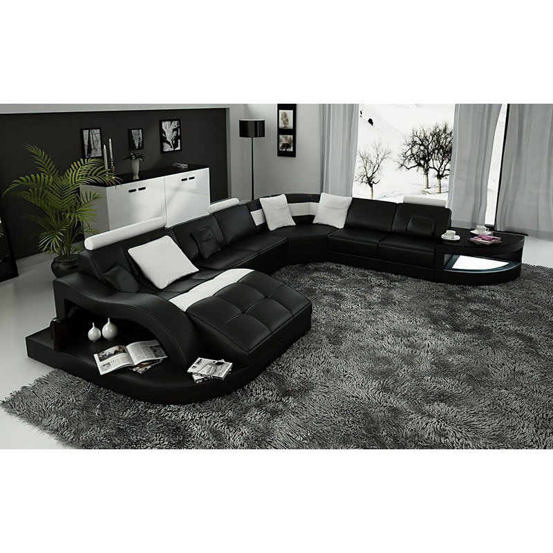 Canapé modulaire en cuir véritable de 162,60 po Navasota, Cuir véritable noir / blanc, Face à la gauche